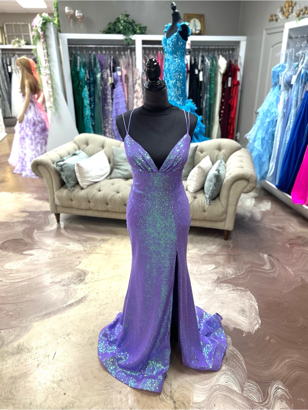 Iridescent Purple Mermaid Prom Dress with Front Slit
